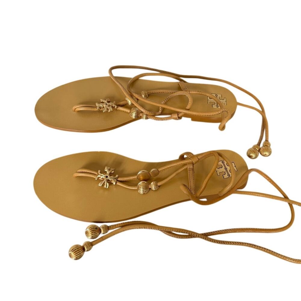 Tory Burch Miller Lace Up Sandals Gold Logo Leather Wrap Sandals Size 7M